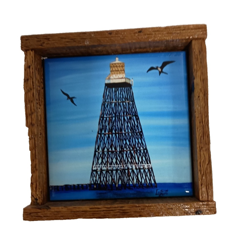 Vintage Cottage On The Shore Tile Wall Art Decor Framed Handmade Coastal Beach